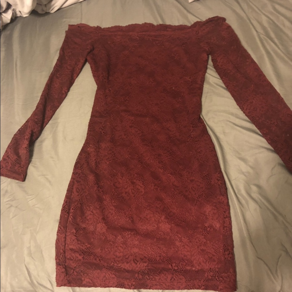 Tight maroon lace off the shoulder dress
